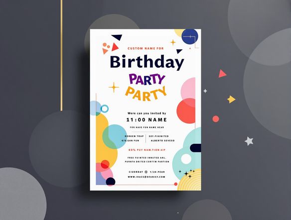 A modern and minimalist birthday party invitation featuring a bold, geometric design and a custom name logo. Vibrant colors, clean lines, and a playful typography. High resolution, vector graphics.