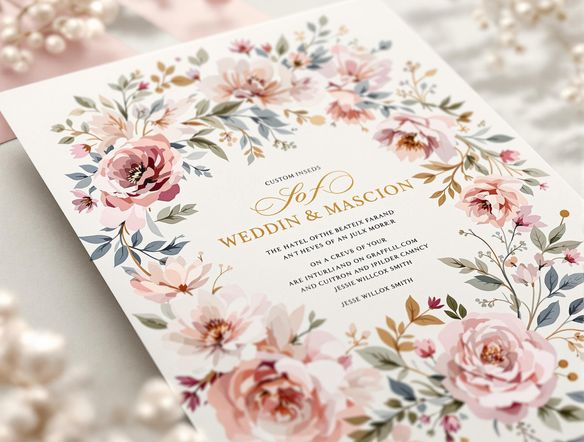 A beautifully designed wedding invitation featuring an elegant floral arrangement and a custom-designed name logo. Soft, pastel colors with gold accents. High resolution, intricate details.
