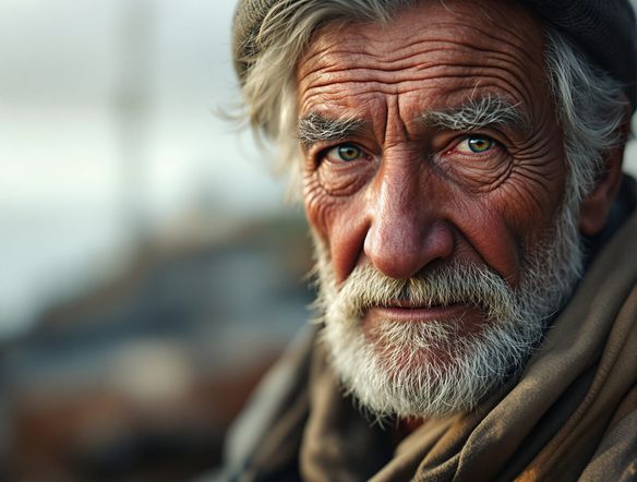 A hyperrealistic portrait of an elderly fisherman with deep wrinkles, weathered skin, and kind eyes, set against a soft, natural background. Photorealistic, high detail, cinematic lighting.