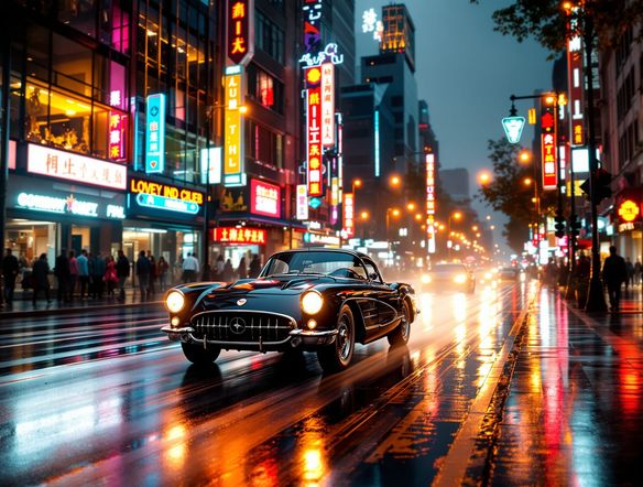 A bustling city street at golden hour, rain-slicked pavement reflecting neon lights, a vintage car driving past. Emphasize atmospheric perspective and detailed textures. Photorealistic, sharp focus, cinematic.