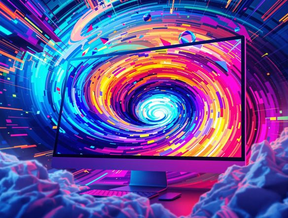 A swirling vortex of colors transforming into a pixelated, animated GIF on a computer screen, vibrant and dynamic.