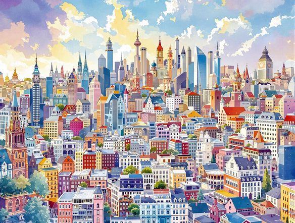 A looping animation showcasing the growth of a city over 100 years, created with a map art generator. Style: Watercolor, vibrant colors, detailed architecture. Focus on the changing skyline. Resolution: 4k.