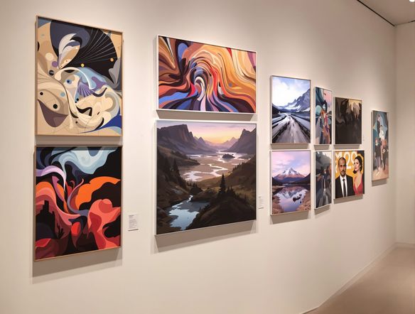 A gallery wall displaying various AI-generated artworks as museum-quality prints. Include abstract, landscape, and portrait styles, all exhibiting rich colors and deep blacks, showcasing the versatility of museum-quality prints AI.