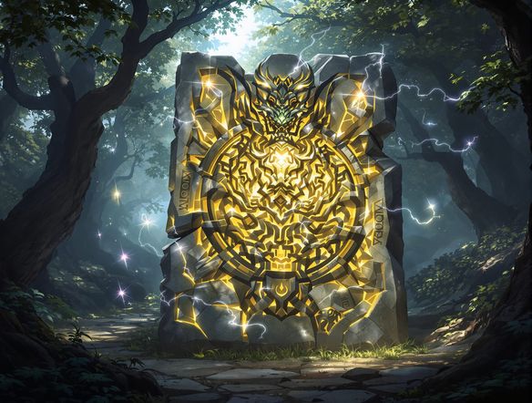 An ancient stone tablet depicting a mythical creature, partially carved, with glowing ethereal energy emanating from the unfinished sections, set in a mystical forest clearing.