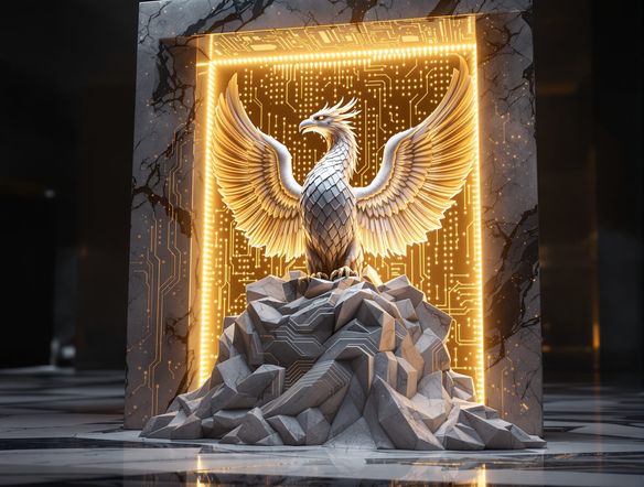 A majestic marble statue of a phoenix, intricately carved, emerging from a digital block, realistic lighting, high detail, 3D render.