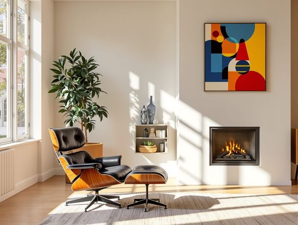 A stylish Mid-Century Modern living room interior, featuring a minimalist fireplace, iconic Eames lounge chair, and abstract geometric art on the wall. Warm, natural light streams in. MCM style, retro furniture art.