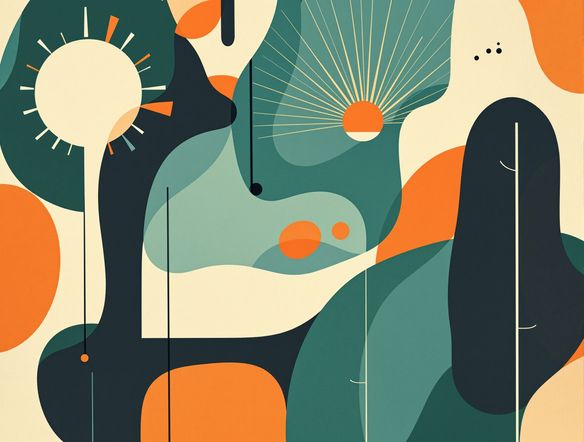An abstract illustration with bold, organic shapes and a limited color palette of teal, orange, and cream, reminiscent of 1950s graphic design. Mid-century modern motifs. Vintage design AI, 1950s aesthetic generator.