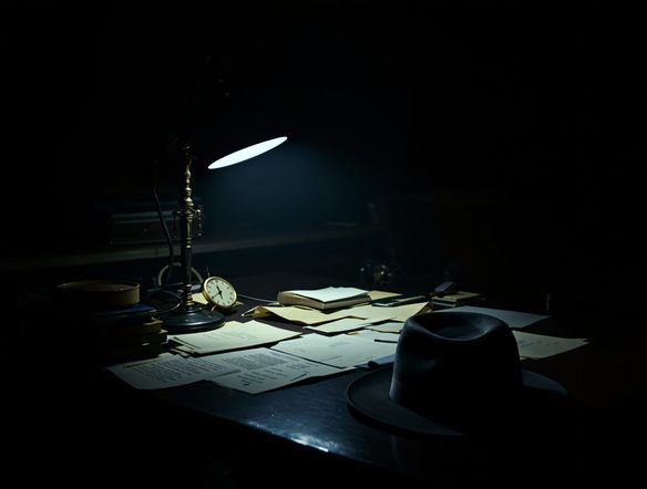 A vintage detective's office at night, a single desk lamp illuminating scattered papers and a fedora. Moody cinematic photo, film noir style, sense of mystery, chiaroscuro lighting.