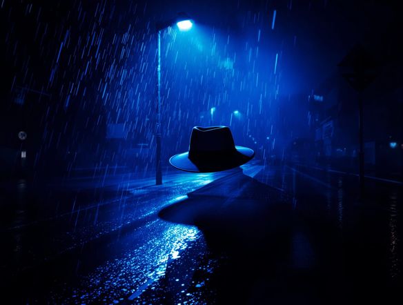 A vintage detective's fedora casting a long shadow on a rain-slicked city street at night, illuminated by a single, stark streetlight. Moody, atmospheric, classic film noir.