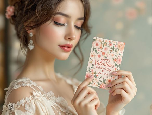A beautifully designed Valentine's Day card with a small, elegant QR code incorporated into the design. The card features soft, romantic colors and floral elements. The QR code links to a hidden message of love.