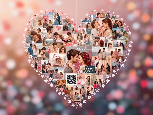 A digital Valentine's Day card featuring a heart-shaped collage of romantic images, with a QR code linking to a personalized message, soft focus, bokeh background.