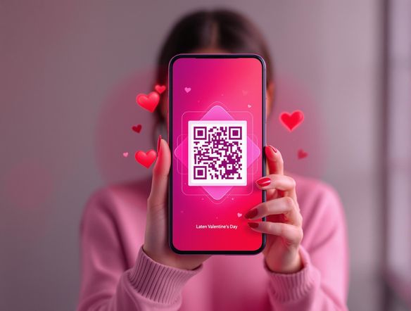 A modern Valentine's Day card featuring a minimalist design with a prominent QR code. The color scheme is bold and contemporary. The QR code is the focal point, suggesting a gateway to a digital surprise.