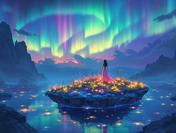 A surreal and dreamlike landscape featuring floating islands, bioluminescent flora, and a vibrant aurora borealis. Use a soft, painterly style to create a sense of wonder and tranquility. Incorporate elements of fantasy and science fiction.