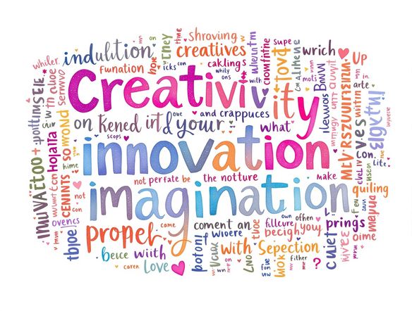 A vibrant and colorful word cloud featuring words related to creativity, innovation, and imagination. Use a playful font and dynamic arrangement of words to capture the energy of brainstorming. Add subtle gradients for depth.
