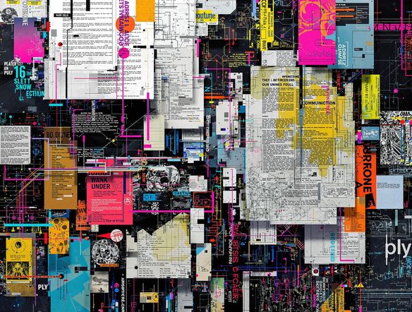 A chaotic collage of fragmented documents, blueprints, and abstract data streams, rendered in a vibrant and distorted digital art style.