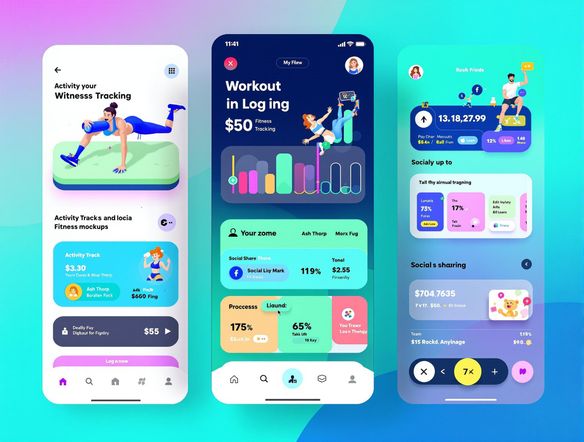 A series of mobile app interface mockups showcasing a fitness tracking app. Include screens for activity tracking, workout logging, progress visualization, and social sharing. Use a vibrant, energetic color scheme.