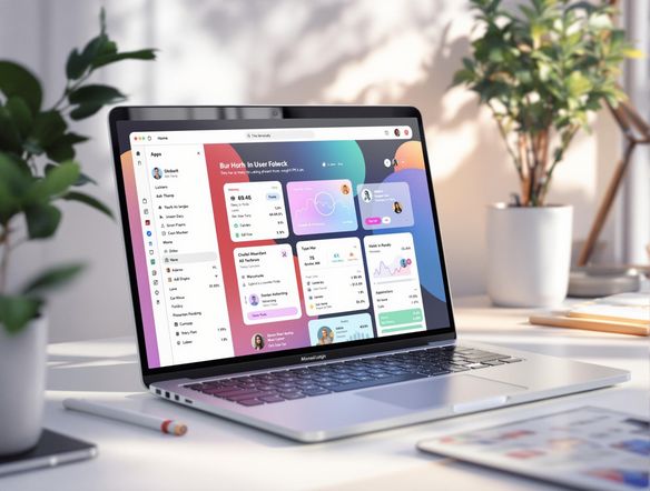 Clean website mockup showcasing a modern app interface on a laptop screen, bright workspace, minimalist design, user-friendly layout, high-resolution.