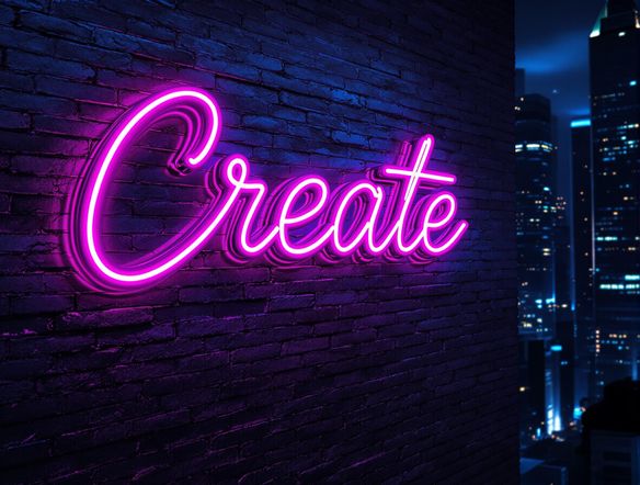 A vibrant neon sign that reads 'Create', glowing against a dark, brick wall, surrounded by a cityscape at night.
