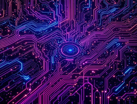 A vibrant neon logo for a tech startup, featuring a stylized circuit board pattern. High resolution, dynamic lighting, and a dark background to emphasize the neon glow. Use a high quality photo generator to create a realistic effect.