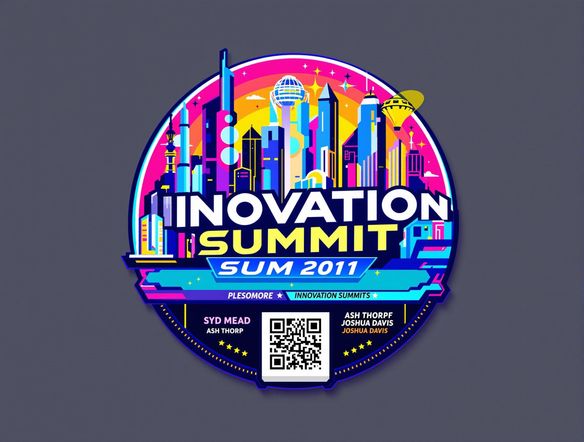 A vibrant event badge featuring a stylized cityscape and the event name 'Innovation Summit'. Use bold colors and a modern font. Incorporate a QR code for easy registration. Dynamic and engaging design.