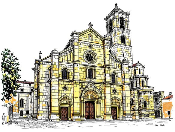 A detailed, hand-drawn illustration of a classic Romanesque church facade, featuring massive stone blocks, rounded arches, and a bell tower. The style should be reminiscent of historical architectural sketches. Generated Romanesque drawings.