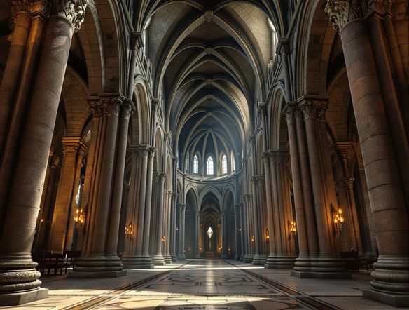 An interior view of a grand Romanesque cathedral nave, emphasizing the massive, rounded arches and thick stone columns. Dramatic lighting highlights the textures and shadows, showcasing authentic Romanesque arches design. Medieval architecture AI.