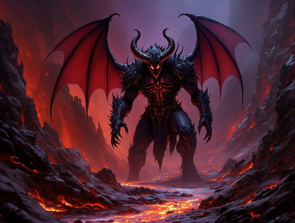 A fearsome archdemon with obsidian armor and glowing red eyes, rendered in a dark fantasy style, as if from an infernal being art maker's creation. The background is a hellish landscape.