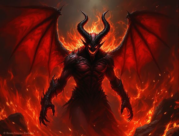 A powerful, imposing devil with glowing red eyes and intricate horns, standing amidst flames and shadows, a symbol of ultimate evil.