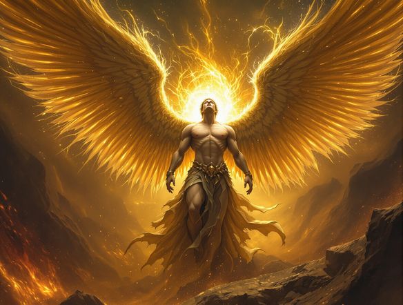 A majestic, fallen angel with immense, tattered wings, embodying a powerful lucifer art concept. He stands against a backdrop of swirling cosmic dust and infernal flames, radiating both beauty and menace.