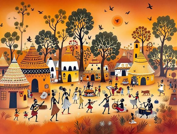 A vibrant Warli painting depicting a tribal village scene with dancers and musicians, rendered in a modern, stylized AI art aesthetic, with geometric patterns and a warm, earthy color palette.