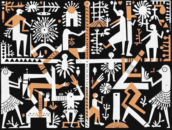 An abstract Warli art composition featuring interlocking geometric patterns and stylized human figures. Dominant colors are white and earth tones on a dark background. Style: Warli geometric patterns, AI art generator.