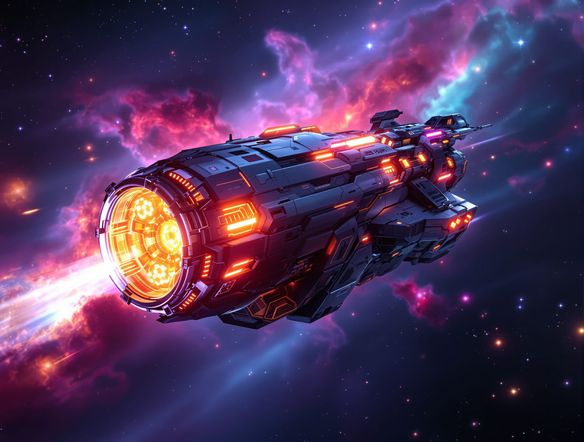 A photorealistic, highly detailed 3D model of a futuristic spaceship, intricate paneling, glowing engine, set against a nebula backdrop, generated by an AI 3D asset creator.