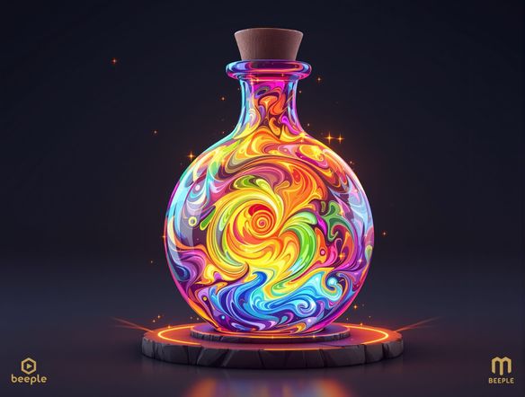 A vibrant, stylized 3D model of a magical potion bottle with swirling luminous liquid inside, intricate glass details, rendered in a clean, modern aesthetic, showcasing digital 3D asset creation.