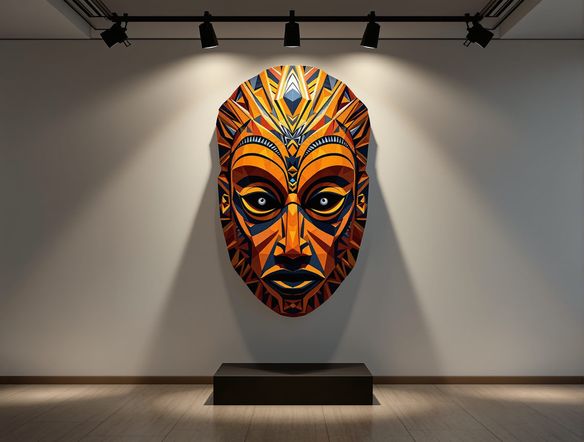 A striking digital tribal art sculpture of an African mask, featuring geometric patterns and vibrant earth tones, displayed in a modern gallery setting.