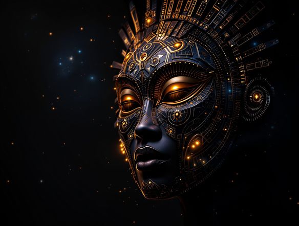 An intricately detailed AI ceremonial mask, inspired by West African tribal art, with subtle glowing accents, set against a mystical, dark background.