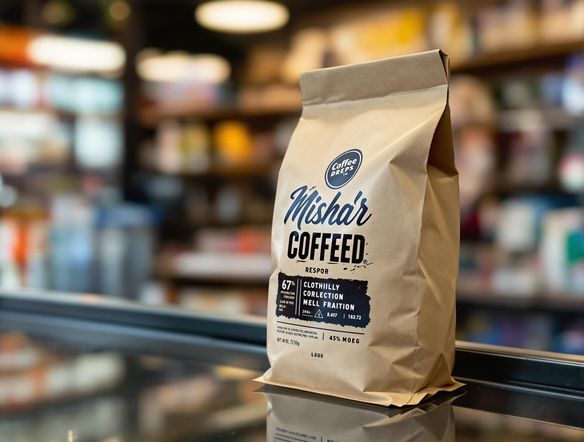 A photorealistic mockup of a coffee bag on a store shelf, showcasing a vibrant and modern design with bold typography and a prominent logo. The background should be a blurred retail environment.