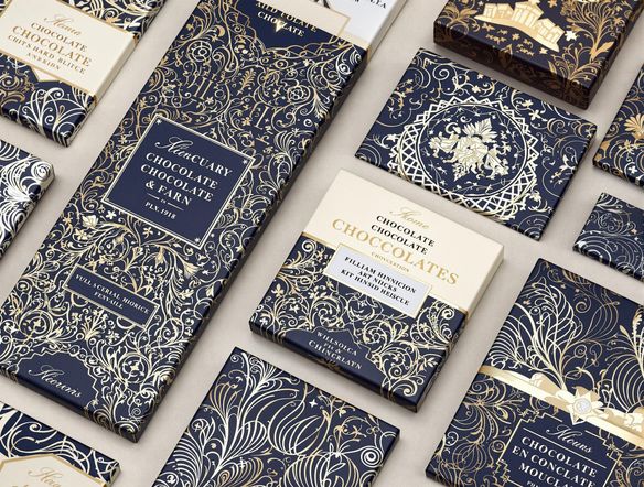 An AI-generated concept for luxury chocolate packaging, featuring intricate gold foil detailing, elegant typography, and a sophisticated color palette. The design should evoke a sense of indulgence and exclusivity.