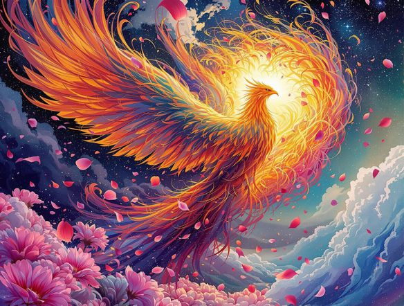 A digital painting of a phoenix transforming into a field of vibrant flowers, symbolizing transformation and rebirth, rendered in a surreal, artistic style.