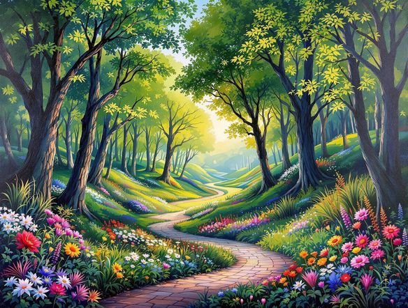 A photo of a serene forest transformed into a vibrant, impressionistic painting. Use bright, contrasting colors and bold brushstrokes to capture the essence of the natural landscape. Incorporate elements of fantasy and surrealism.