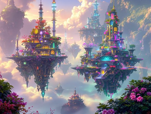 A fantastical and surreal virtual landscape with floating islands, glowing flora, and intricate architectural structures, rendered in a hyperrealistic digital art style.