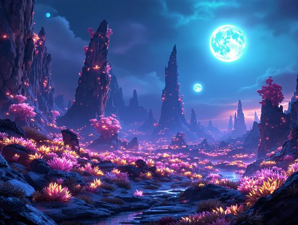 A vast, alien digital landscape, glowing flora, strange rock formations, two moons in the sky, rendered in a hyperrealistic style, metaverse environment art.