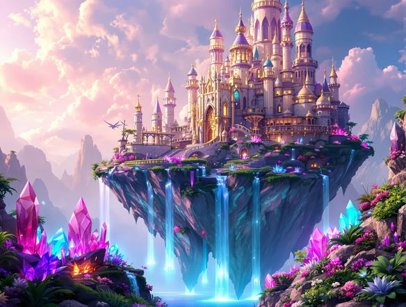 A majestic fantasy castle perched atop a floating island, surrounded by waterfalls and glowing magical crystals, vibrant, ethereal lighting, 3D world creator AI, fantasy environment generator.