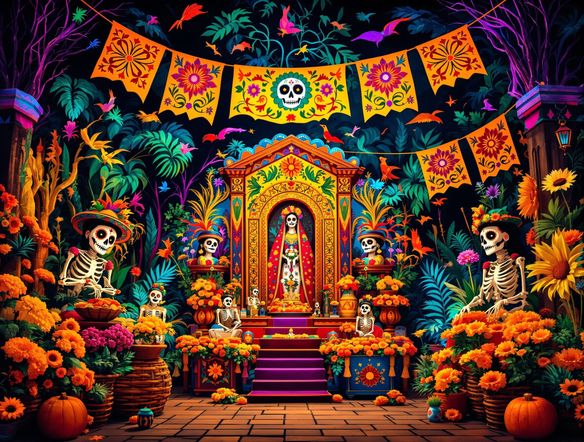 A colorful scene featuring papel picado AI banners fluttering above a decorated altar. Include stylized calavera figures and marigold flowers, embodying the spirit of Día de los Muertos. Mexican folk art style.