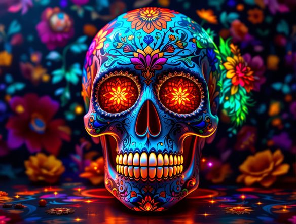 A highly detailed, vibrant sugar skull art design with floral patterns and traditional Mexican folk art embellishments, set against a festive background. AI Day of the Dead art style.