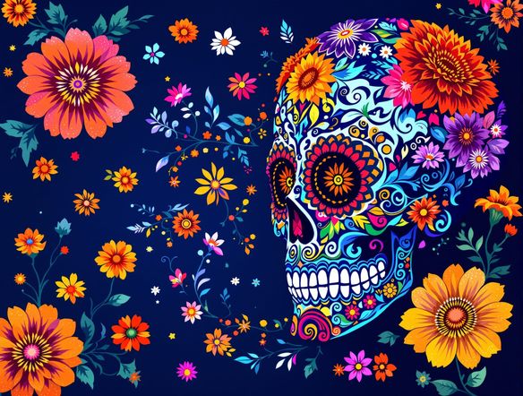 Vibrant sugar skull adorned with intricate floral patterns and marigold petals, set against a deep indigo background with subtle papel picado elements, in a stylized Mexican folk art aesthetic.