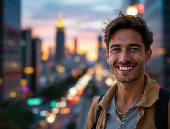 A photorealistic profile image of a person with a warm, inviting smile, set against a blurred background of a bustling cityscape. The image should be well-lit and high-resolution, conveying confidence and approachability.