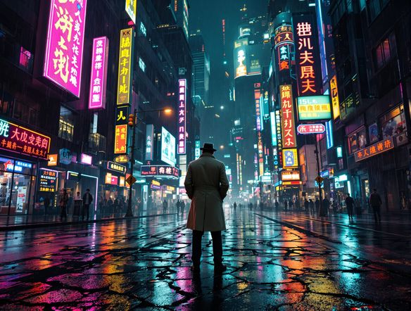 A lone detective in a trench coat stands on a rain-soaked street, neon signs reflecting in puddles. Cyberpunk noir aesthetic, futuristic dystopian city backdrop, cinematic lighting, high detail.