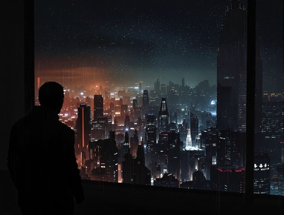 A shadowy figure looks out a rain-streaked skyscraper window at a sprawling, futuristic city at night. Sci-fi noir style, atmospheric, moody lighting, dark future art, digital painting.