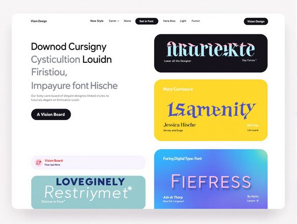 A sleek, modern font design interface with a vibrant color palette, displaying various font styles and options, with a subtle vision board in the background.