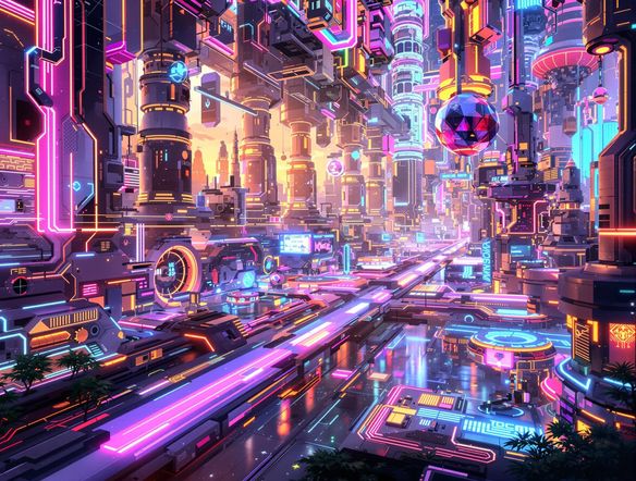A vibrant, futuristic cityscape viewed through a holographic interface, showcasing intricate mixed reality digital art. Elements float and interact in 3D space. Concept art style.